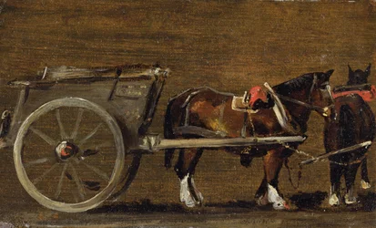 Farmářský vozík se dvěma koňmi v postroji: Studie pro vozík v „Stour Valley and Dedham Village, 1814“ (olej na plátně na palubě)