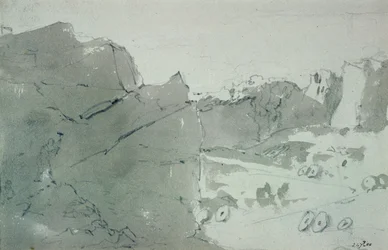 Lom na mlýnské kameny v Derbyshire, 1801 (tužka a sépie mytí na papíře)