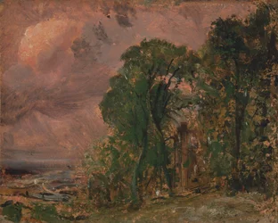 Pohled na Hampstead s bouřlivým počasím, ca. 1830.