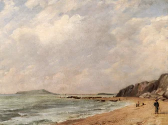 Pohled na Osmington Bay, Dorset, při pohledu na ostrov Portland