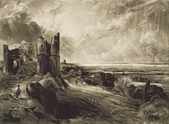 Hrad Hadleigh, vyrytý Davidem Lucasem (1802-81) kolem roku 1832 (mezzotinta s leptem)