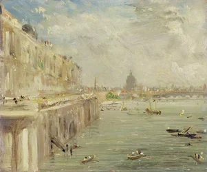 Pohled na Somerset House Terrace a katedrálu svatého Pavla ze severního konce mostu Waterloo Bridge