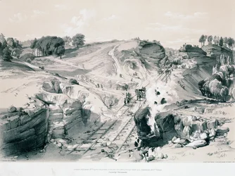 Odstřelování kamenů, Linsdale, Buckinghamshire, 30. léta 19. století (pero a inkoust a mytí na papíře)