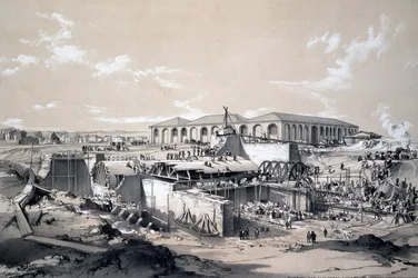 Building the Stationary Engine House, Camden Town, 26. dubna 1837 (pero, inkoust a mytí na papíře)