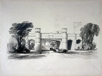 Ragbyové železniční mosty při pohledu ze silnice, Warwickshire, duben 1839 (pero, inkoust a mytí na papíře)