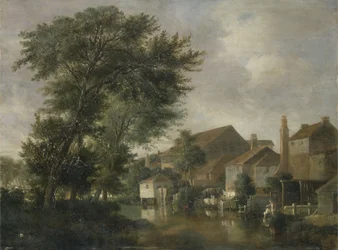 A River Scene, možná v Norwichi, kolem roku 1817 (olej na panelu)