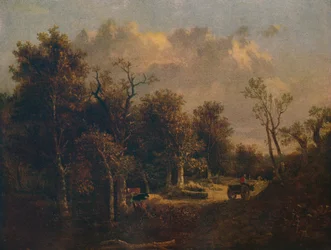 Okraj lesa s hospodářským vozem a dobytkem, kolem roku 1811