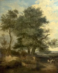 Trees by a Brook (Vrba, jezdec a žena na cestě), kolem 1818 (olej na plátně)