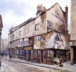 Cloth Fair, Smithfield, s prodejcem květin, únor 1884 (akvarel)