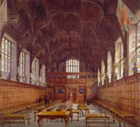 Vnitřní pohled na Middle Temple Hall od vysokého stolu s postavami, Londýn, 1884