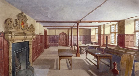 Vnitřní pohled na chlapeckou jídelnu v Charterhouse, Londýn, 1885.