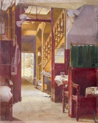 Pohled do interiéru se schodištěm v hostinci Cock Tavern, Fleet Street, City of London, 1881