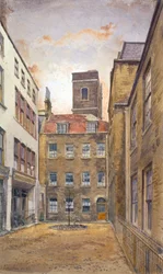 Tower of the Church of St Matthew, Friday Street, jak je vidět z Fountain Court, Londýn, 1882