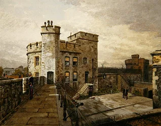 Pohled na Devereux Tower, Tower of London, s postavami ve vojenském oblečení