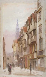 Pohled na Wych Street, Westminster, při pohledu na východ od brány New Inn, Londýn, c1880