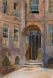 Pohled na bránu v Elm Court, Inner Temple, Londýn, 1879.