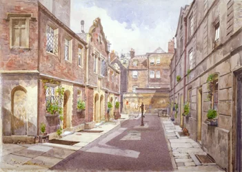 Pohled na chudobince v Cock Court, Jewry Street, londýnská City, 1886.