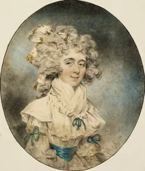 Portrét paní Fisherové, poloviční délka, v bílých šatech zdobených modrými stuhami, 1788