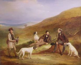 Edward Horner Reynard a jeho bratr George při lovu tetřevů se správcem honitby Tullym Lambem v Middlesmooru v Yorkshiru