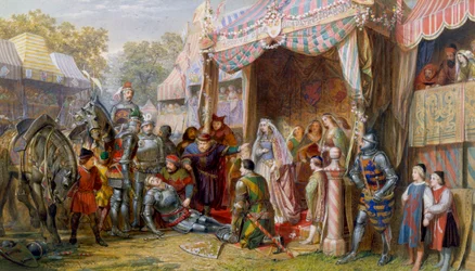Lancelot bojuje se sirem Madorem na obranu Guinevřiny cti před králem Artušem, Guinevrou a královským dvorem.