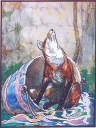 „Není mi dobře a trpím velmi dobrou tetou“, ilustrace k „Lišce Reynardovi“ z „Legendy zvířat z mnoha zemí“, vydané nakladatelstvím Raphael Tuck & Sons Ltd. (barevné lito)
