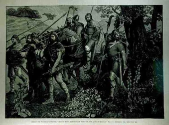 Design for Windsor Tapestry: Men of Kent Marching in Front of Army of Harold, z The Illustrated London News, 29. dubna 1882