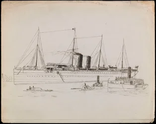 PAH1225; Parní loď poblíž pobřeží s remorkérem u boku. Osobní loď s remorkérem a pádlovým parníkem Tilbury poblíž (kresba)