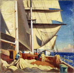 Oprava plachet na lodi "Brickdale" během cesty z Bristolu do Sabine Pass v Texasu (Spojené státy, USA) v období od dubna do června 1920.