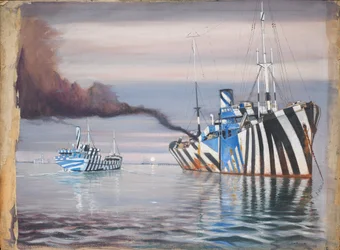 S.S. Lepanto a další parník, oba oslnivě pomalované, kotvící na klidné vodě