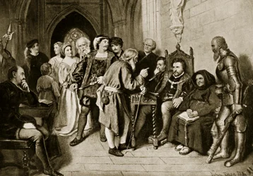 Jakub IV. na poradě před bitvou u Floddenu, 1513, ilustrace z knihy „Hutchinson