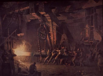 West Point Gun Foundry, kování hřídele, kolem roku 1867 (olej na plátně)