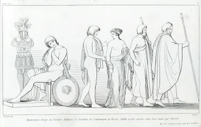 Agamemnon obvinil heroldy Taltibia a Euribata z únosu Briseis; Achilles ji nechal předat do jejich rukou Patroklesem. Kresba Johna Flaxmana (1755 - 1826). Homérova Ilias. Zpěv I