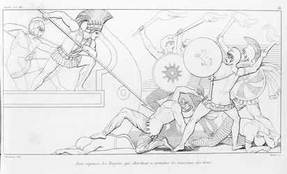Ajax odpuzuje Trojany, kteří se snaží spálit řecké lodě. Kresba Johna Flaxmana (1755 - 1826). Homérova Ilias. Zpěv XV.