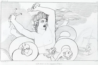 Epizoda o Charybdě a Skylle: šest Odysseových druhů je pohlceno. Kresba Johna Flaxmana (1755-1826). Homérova Odysseia. Zpěv XII.