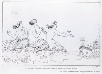 Mořské panny se svým zpěvem snaží přilákat Odyssea. Kresba Johna Flaxmana (1755 - 1826). Homérova Odysseia. Zpěv XII.
