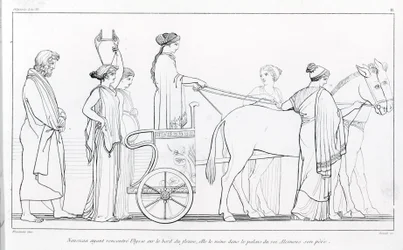 Nausiká, která právě potkala Odyssea, jej odvádí do paláce svého otce, krále Alkinoa. Kresba Johna Flaxmana (1755 - 1826). Homérova Odysseia. Zpěv VI.