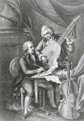 Portrét Franze Josepha Haydna (1732-1809) a Wolfganga Amadea Mozarta (1756-91) skládající hudbu pro loutnu, vyryl Michele Benedetti (1745-1810)
