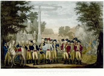Britové vzdávají své zbraně generálu Washingtonovi po porážce u York Townu ve Virginii října 1781, 1819 (ručně kolorovaná mědirytina)
