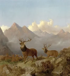 Detail jelenů a laně v krajině Vysočiny, 1864