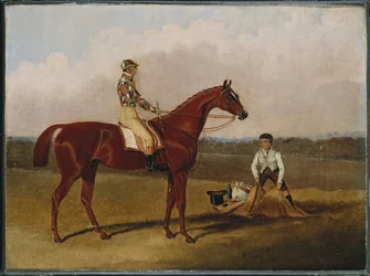 "Bosý", dostihový kůň, s žokejem a ženichem, 1835