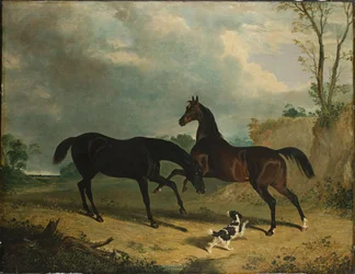 Lovci a španěl v zalesněné krajině, 1835
