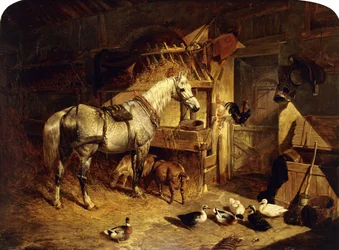 Interiér stáje se skvrnitým šedákem v postroji, s kachnami, kozami a kohoutem u jeslí, 1843