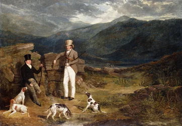 Dva pánové s ohaři na vřesovišti s tetřevy, 1824