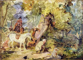 Náčrt „Foresters Stalking Deer“ (olej nad dřevěným uhlím na panelu)