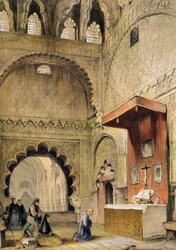 Cordoba: Mnich se modlí u křesťanského oltáře v mešitě, z „Sketches of Spain“, vyrytý Charlesem Josephem Hullmandlem (1789-1850), vydáno 1836
