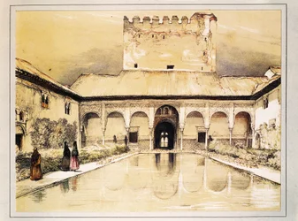 Alhambra v Granadě, barevná litografie Johna Fredericka Lewise