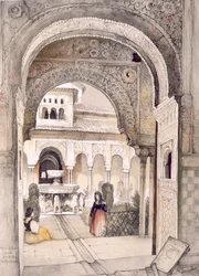 Lví fontána ze sálu Abencerrajes, z knihy "Sketches and Drawings of the Alhambra", rytina Williama Gauciho (fl.1825-54)