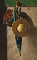 Slaměný klobouk, taška a deštník, 1890, začátek 1900.