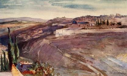 Jeruzalém z tradičního místa na Olivové hoře, kde Kristus plakal nad městem, 1902.