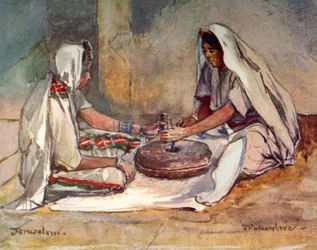 Dvě ženy brousící v ručním mlýně, 1902.